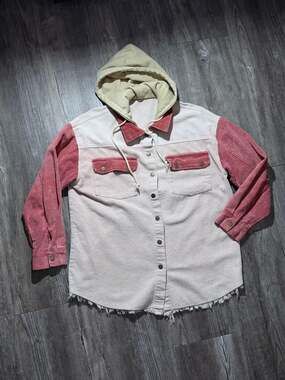 Women's Colorblock Hooded Corduroy Shacket with Frayed Hem